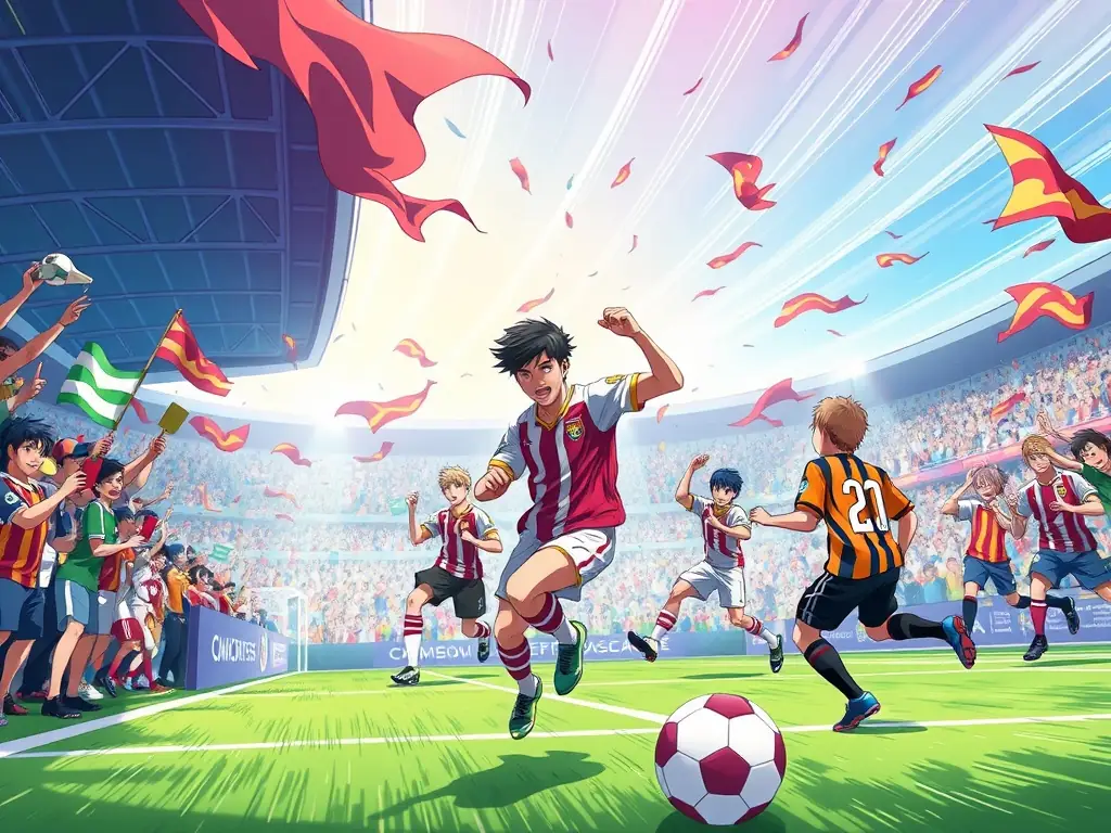 Experience a thrilling Liga 1 Indonesia football match in stunning anime style. Bet now with 1xBet!